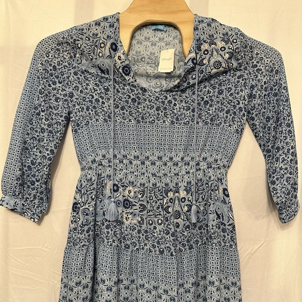 J. McLaughlin Hortense Dress Blue Denim Floral Midi Size‎ Small Long Sleeve NWT